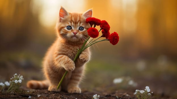 Tiny red kitten holding red flowers in its paws, blurred forest background. Flowering flowers, a symbol of spring, new life. A joyful time of nature waking up to life.