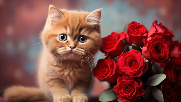 Tiny red kitten sitting next to a bouquet of red roses smudged background. Flowering flowers, a symbol of spring, new life. A joyful time of nature waking up to life.