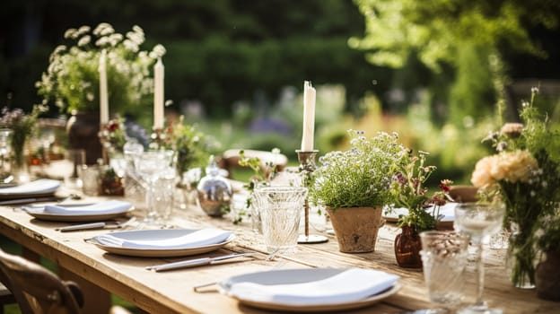 Table decor, holiday tablescape and dinner table setting in countryside garden, formal event decoration for wedding, family celebration, English country and home styling inspiration