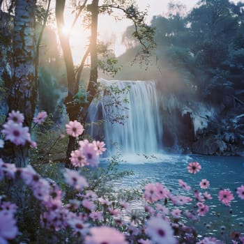 Pink blooming flowers on the background of the river waterfall on the day of the sun in the sky. Flowering flowers, a symbol of spring, new life. A joyful time of nature waking up to life.
