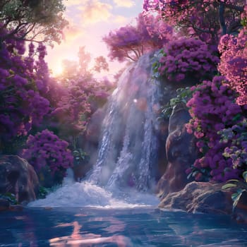 Pink blooming flowers on the background of the river waterfall on the day of the sun in the sky. Flowering flowers, a symbol of spring, new life. A joyful time of nature waking up to life.