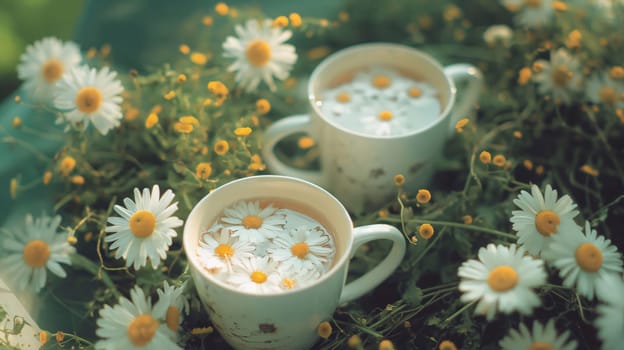 White daisies around green grass, two piles with daisies. Flowering flowers, a symbol of spring, new life. A joyful time of nature waking up to life.