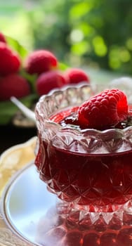 Raspberry jam and raspberries in a crystal bowl, country food and English recipe idea for menu, food blog and cookbook inspiration