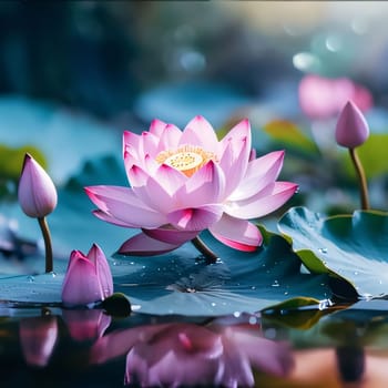 Pink water lily over water around green leaves. Flowering flowers, a symbol of spring, new life. A joyful time of nature waking up to life.