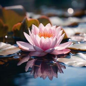 Pink water lily over water around green leaves. Flowering flowers, a symbol of spring, new life. A joyful time of nature waking up to life.