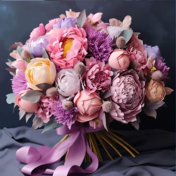 Large bouquet of pink and bright flowers tied with a bow dark background. Flowering flowers, a symbol of spring, new life. A joyful time of nature waking up to life.