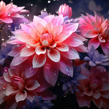 Pink flowers with drops of water, dew, rain on a dark background. Flowering flowers, a symbol of spring, new life. A joyful time of nature waking up to life.