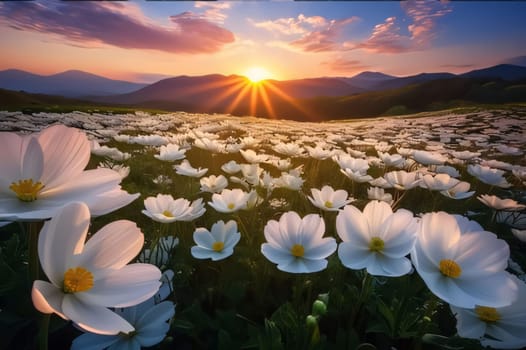 Field with white flowers, daisies at sunset over the mountain ranges. Flowering flowers, a symbol of spring, new life. A joyful time of nature waking up to life.