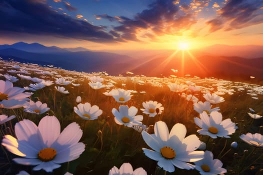 Field with white flowers, daisies at sunset over the mountain ranges. Flowering flowers, a symbol of spring, new life. A joyful time of nature waking up to life.