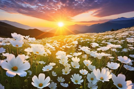 Field with white flowers, daisies at sunset over the mountain ranges. Flowering flowers, a symbol of spring, new life. A joyful time of nature waking up to life.