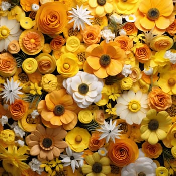 An aerial view of dozens of white and yellow petals, flowers, blossoms. Flowering flowers, a symbol of spring, new life. A joyful time of nature waking up to life.