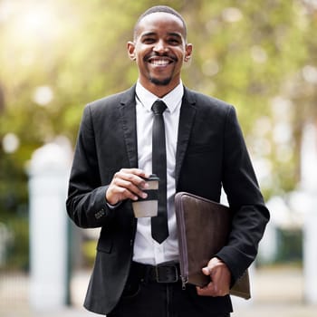 Coffee, portrait and smile with lawyer black man in park on morning commute to court for trial. Documents, law and legal with confident attorney walking outdoor in garden of city for case or hearing.