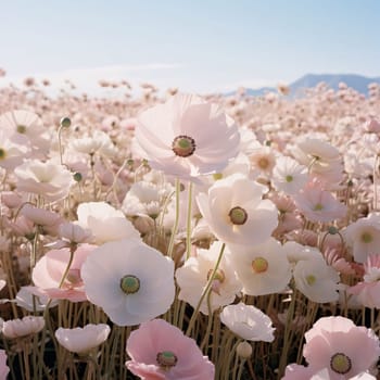 White flowers with petals in the meadow, thousands of white flowers on a day in the sunshine in the field. Flowering flowers, a symbol of spring, new life. A joyful time of nature waking up to life.