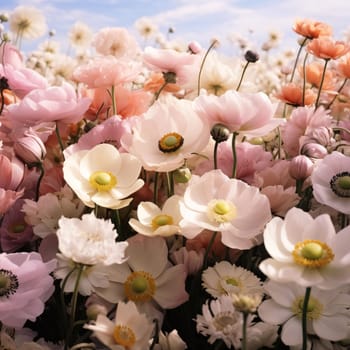 White flowers with petals in the meadow, thousands of white flowers on a day in the sunshine in the field. Flowering flowers, a symbol of spring, new life. A joyful time of nature waking up to life.