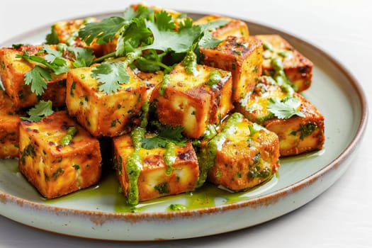 A dish of traditional Indian paneer cheese, diced and fried with spices, garnished with fresh cilantro and pesto on a ceramic plate. AI