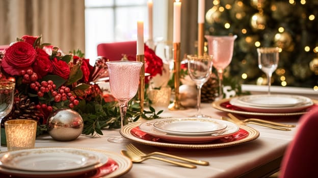 Christmas table decor, holiday tablescape and dinner table setting, formal event decoration for New Year, family celebration, English country and home styling inspiration