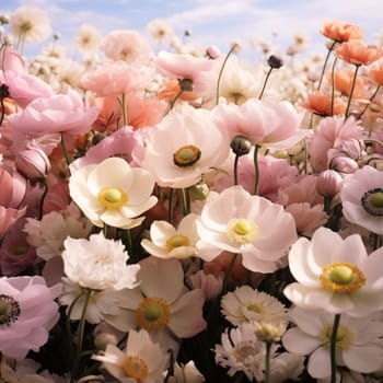 White flowers with petals in the meadow, thousands of white flowers on a day in the sunshine in the field. Flowering flowers, a symbol of spring, new life. A joyful time of nature waking up to life.