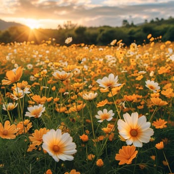 Field of white and orange flowers, sunset background, Meadow, clearing. Flowering flowers, a symbol of spring, new life. A joyful time of nature waking up to life.