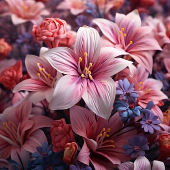 Pink and blue flowers, close-up view of petals. Flowering flowers, a symbol of spring, new life. A joyful time of nature waking up to life.