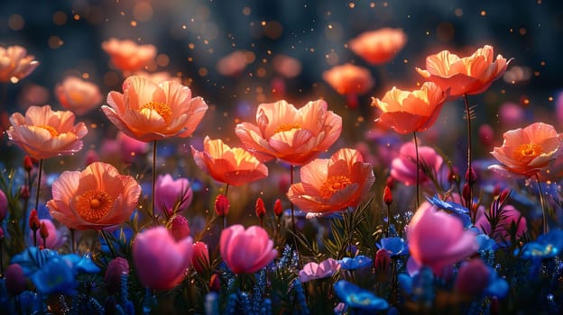 Orange and pink flowers in the clearing, dark background. Flowering flowers, a symbol of spring, new life. A joyful time of nature waking up to life.