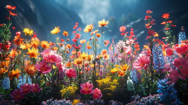 View of colorful flowers in the clearing in the evening rays of light. Flowering flowers, a symbol of spring, new life. A joyful time of nature waking up to life.