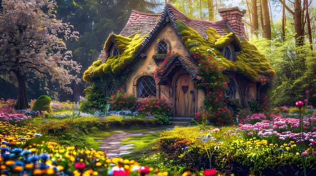 Tiny wooden house overgrown with vegetation, ivy, spring landscape, atmosphere. Flowering flowers, a symbol of spring, new life. A joyful time of nature waking up to life.