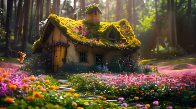 Tiny wooden house overgrown with vegetation, ivy, spring landscape, atmosphere. Flowering flowers, a symbol of spring, new life. A joyful time of nature waking up to life.