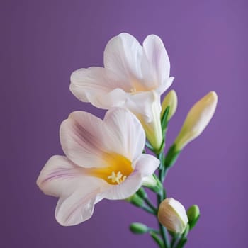 White orchid flower on purple background. Flowering flowers, a symbol of spring, new life. A joyful time of nature waking up to life.