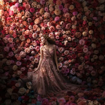 A young woman in a red and pink dress against a wall of red pink roses. Flowering flowers, a symbol of spring, new life. A joyful time of nature waking up to life.