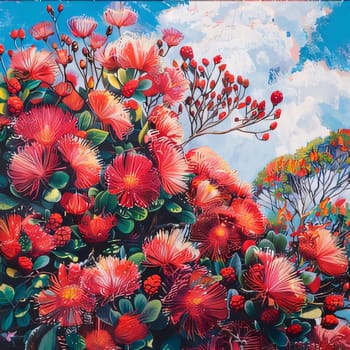 Illustration of red flowers against the sky. Flowering flowers, a symbol of spring, new life. A joyful time of nature waking up to life.