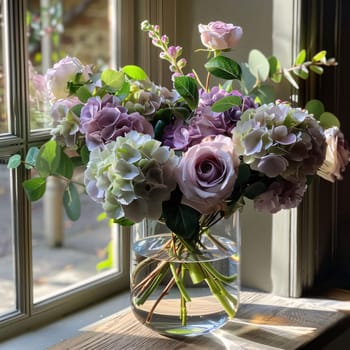 Transparent vase on wooden windowsill with colorful flowers. Flowering flowers, a symbol of spring, new life. A joyful time of nature waking up to life.