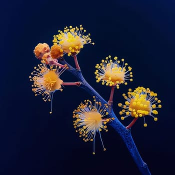 Yellow flowers with green leaf on a dark background. Flowering flowers, a symbol of spring, new life. A joyful time of nature waking up to life.