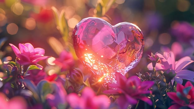 Pink flowers and a crystal pink heart on a smudged light background. Flowering flowers, a symbol of spring, new life. A joyful time of nature waking up to life.