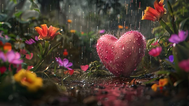 Colorful flowers and a red heart falling raindrops. Flowering flowers, a symbol of spring, new life. A joyful time of nature waking up to life.