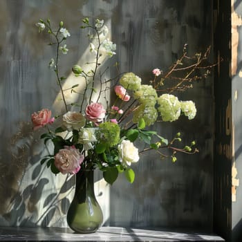 Green vase with bright flowers, roses on a dark background. Flowering flowers, a symbol of spring, new life. A joyful time of nature waking up to life.
