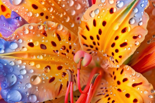 Yellow is tiger orange, flower petals with drops, dew of rain, water, close-up view. Flowering flowers, a symbol of spring, new life. A joyful time of nature waking up to life.