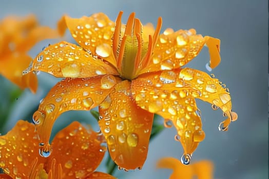 Orange lily flower with drops of water, rain on a dark background. Flowering flowers, a symbol of spring, new life. A joyful time of nature waking up to life.