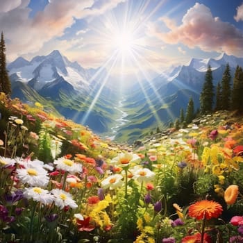 A field full of colorful flowers in the background surrounding valley with a stream and high mountain ranges, the sun shining. Flowering flowers, a symbol of spring, new life. A joyful time of nature waking up to life.