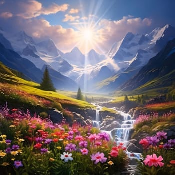 A field full of colorful flowers in the background surrounding valley with a stream and high mountain ranges, the sun shining. Flowering flowers, a symbol of spring, new life. A joyful time of nature waking up to life.