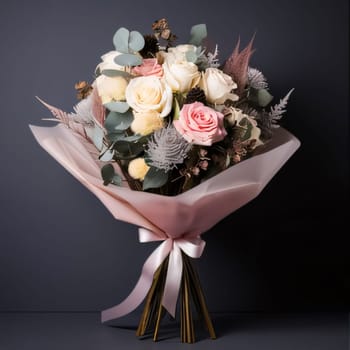 Bouquet of bright roses, flowers tied with a ribbon on a dark background. Flowering flowers, a symbol of spring, new life. A joyful time of nature waking up to life.