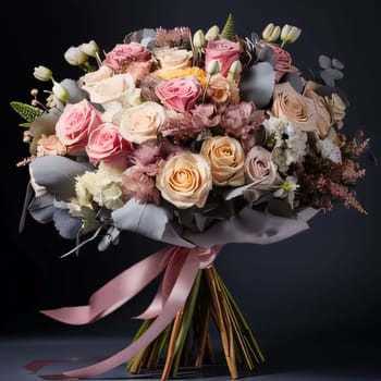 Bouquet of bright roses, flowers tied with a ribbon on a dark background. Flowering flowers, a symbol of spring, new life. A joyful time of nature waking up to life.