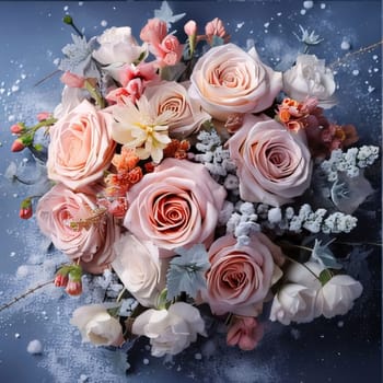 Top view of pink bright bouquet of flowers on dark background. Flowering flowers, a symbol of spring, new life. A joyful time of nature waking up to life.