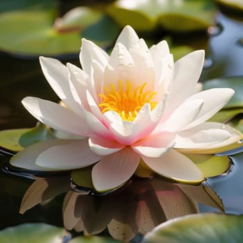 White Water Lily flower on water around green leaves. Flowering flowers, a symbol of spring, new life. A joyful time of nature waking up to life.