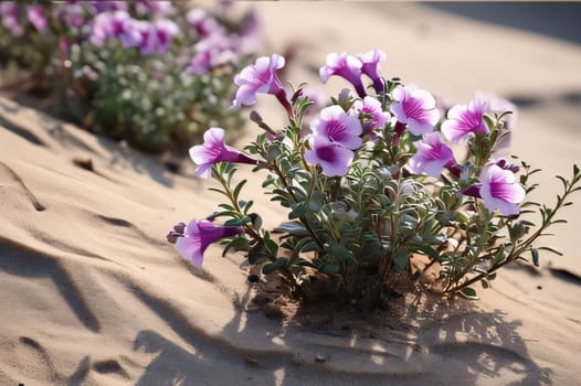 Pink Flowers green leaves growing out of the sands, sunshine. Flowering flowers, a symbol of spring, new life. A joyful time of nature waking up to life.