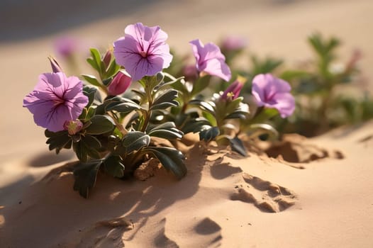 Pink Flowers green leaves growing out of the sands, sunshine. Flowering flowers, a symbol of spring, new life. A joyful time of nature waking up to life.