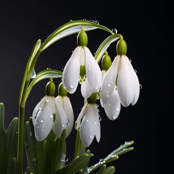 White lilies and green stems on a black background. Flowering flowers, a symbol of spring, new life. A joyful time of nature waking up to life.