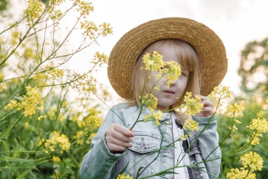 Blonde girl in a field with yellow flowers. A girl in a straw hat is picking flowers in a field. A field with rapeseed