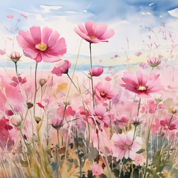 Drawn, painted image of a meadow full of pink flowers. Flowering flowers, a symbol of spring, new life. A joyful time of nature waking up to life.