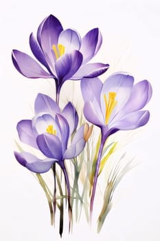 Drawn, purple crocus flower on isolated white background. Flowering flowers, a symbol of spring, new life. A joyful time of nature waking up to life.