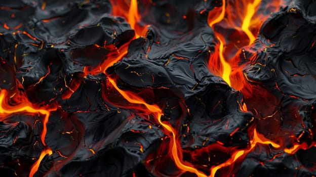 Close up abstract background black burning volcanic lava with red flame in cracks, eruption